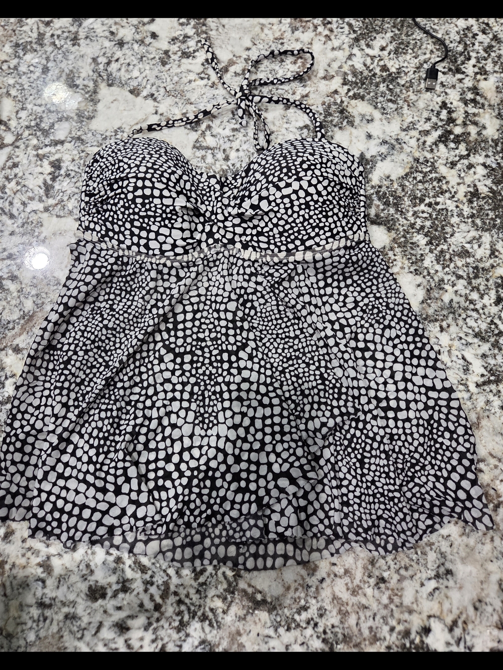 Merona Black and White Polka Dot Halter Swimtop Flowy Slit Front Womans Size Med